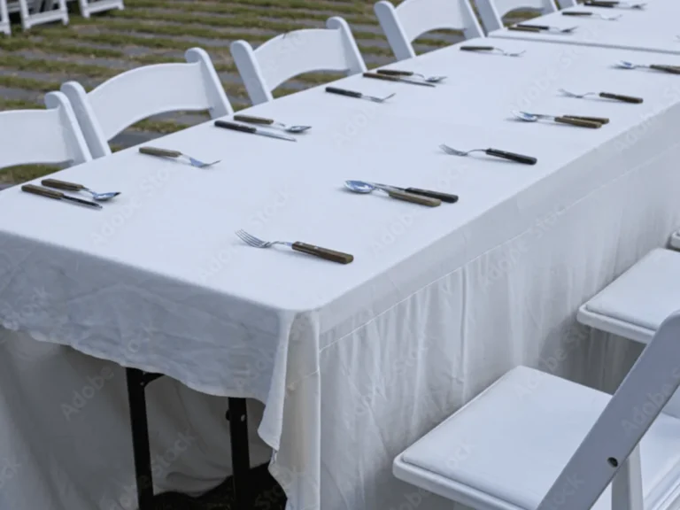 Long rectangular banquet tables with white tablecloths and white chairs